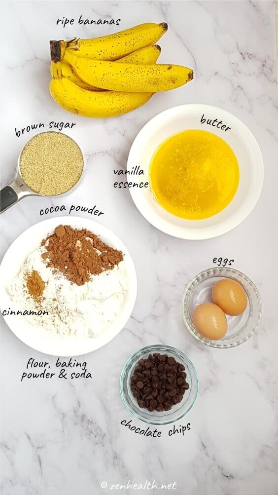 Ingredients for banana chocolate chip bread