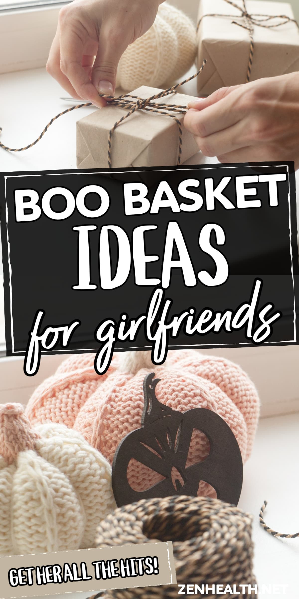 boo basket ideas for girlfriend text overlay on a photo of crocheted pumpkins and twine and gift wrapping