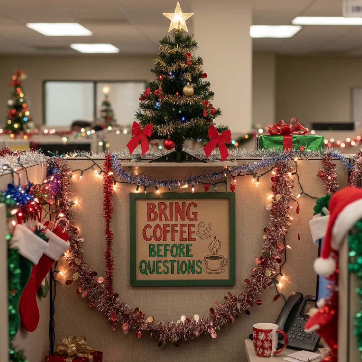 bring coffee before questions text sign among an image of am office cubicle decorated for christmas