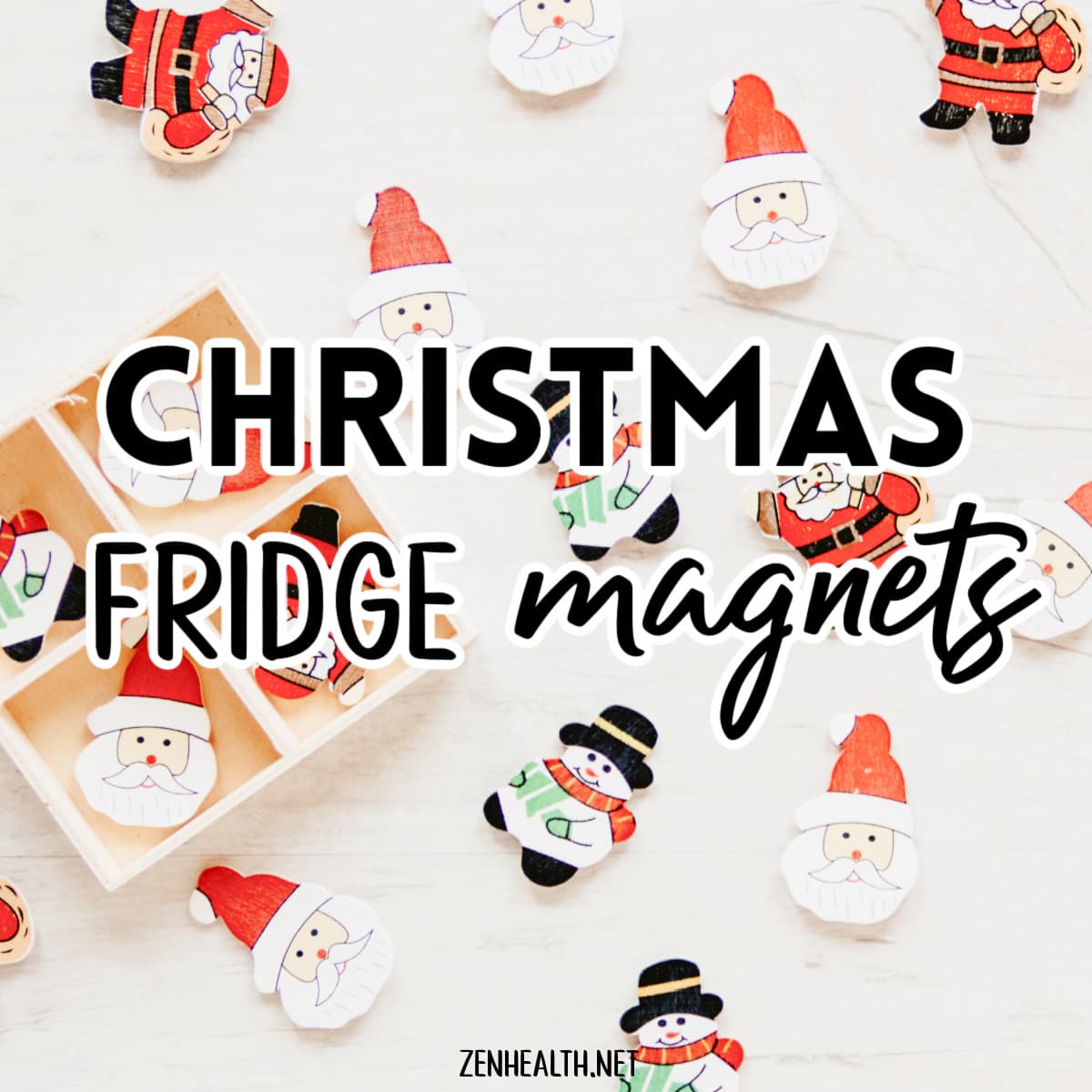 christmas fridge magnets on a photo of cute snowman and santa magnets