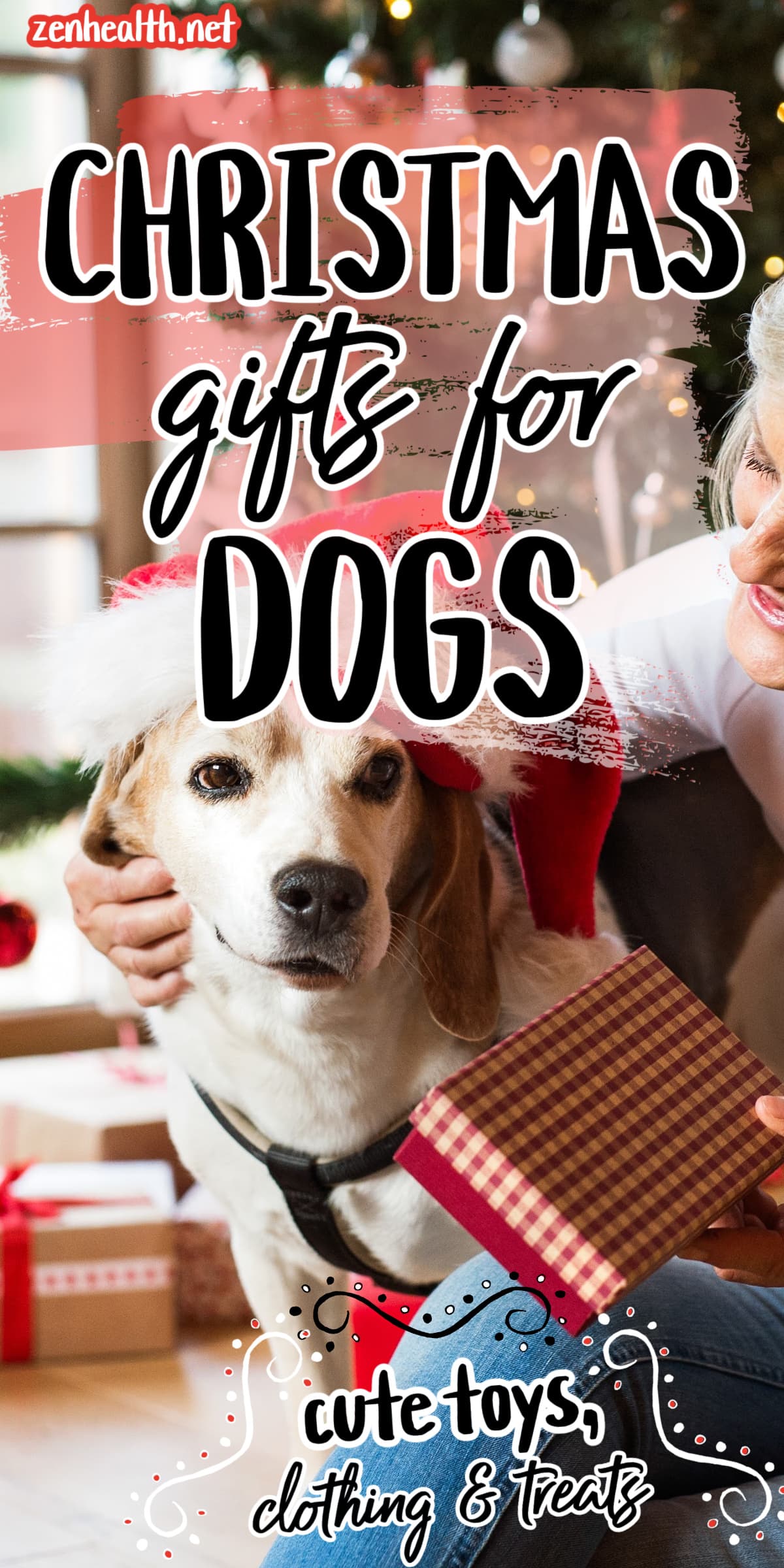 christmas gifts for dogs: cute toys, clothing and treats text overlay on a photo of a dog with a Christmas hat standing in a Christmas scene