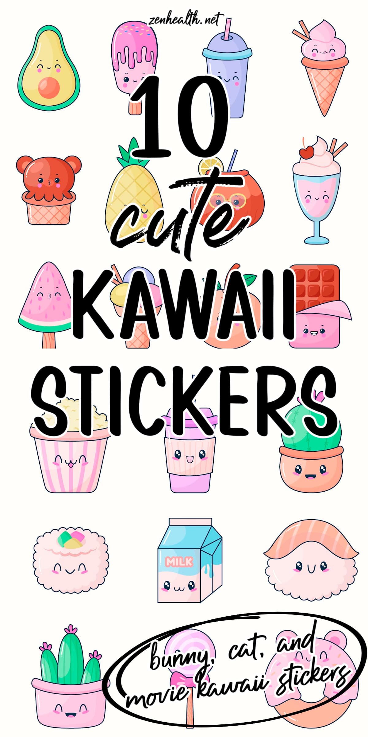 1o cute kawaii stickers: bunny, cat and movie kawaii stickers text overlay on photos of cute kawaii vector images