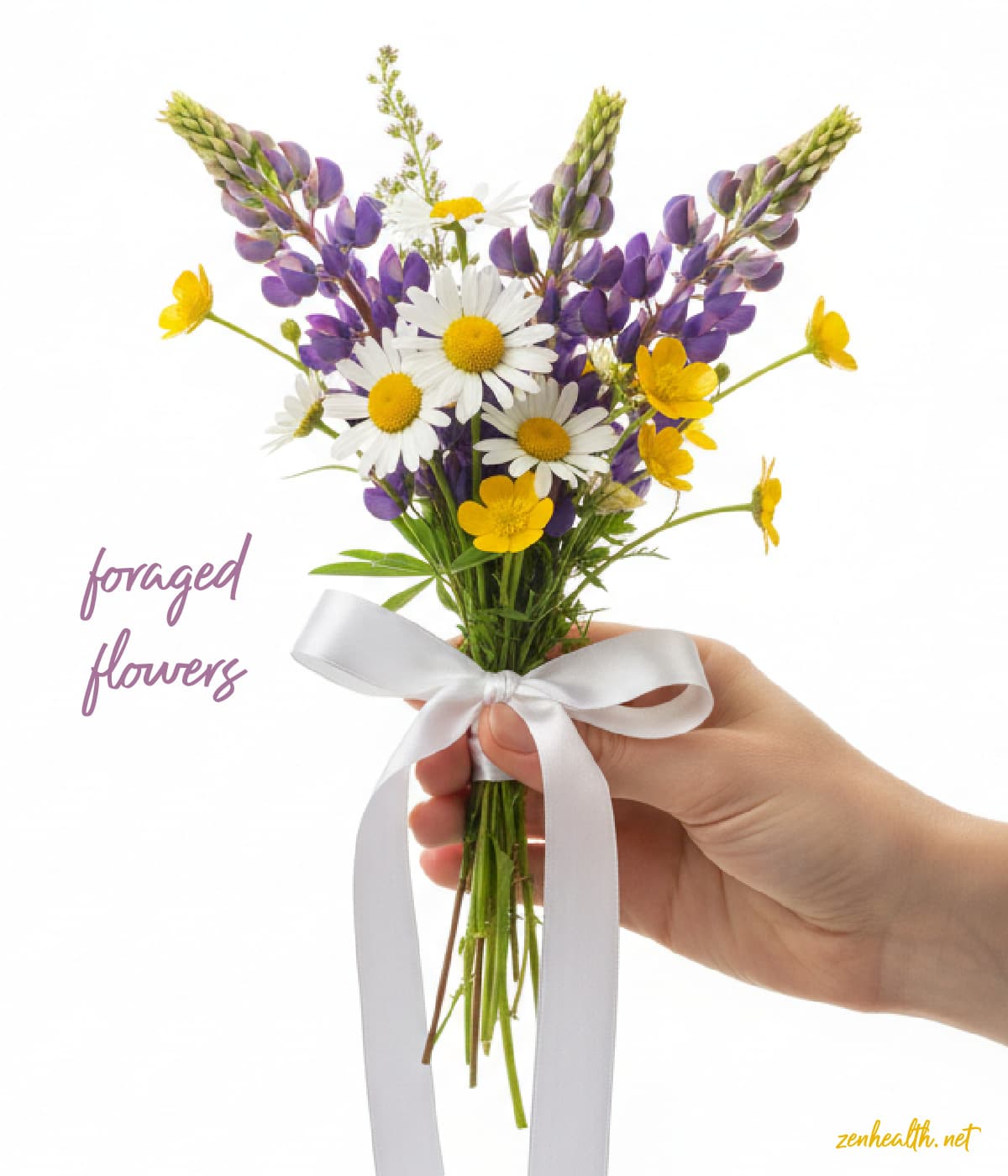 foraged flowers text overlay on a bouquet of wild flowers as a free gift for boyfriend
