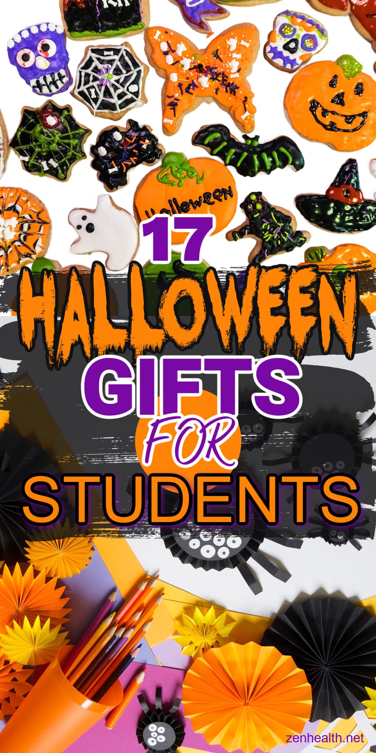 17 Halloween gifts for students text overlay on a photo of Halloween themed cookies and another photo of halloween decorations