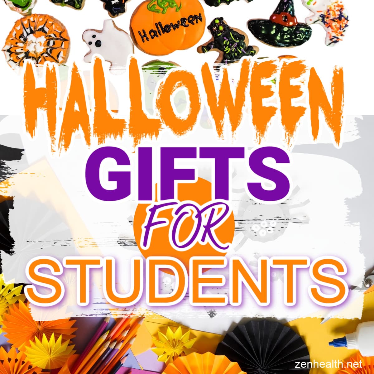 Halloween gifts for students text overlay on a photo of Halloween themed cookies and another photo of halloween decorations