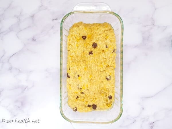 Plantain bread mixture in loaf pan