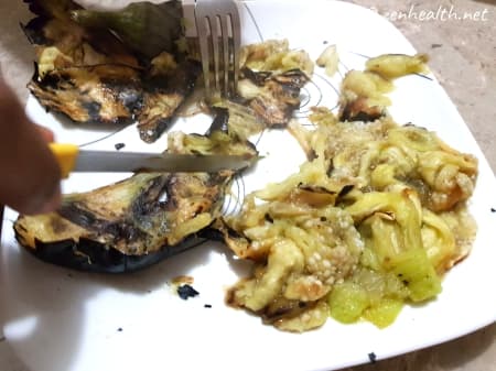 Scrape roasted eggplant flesh