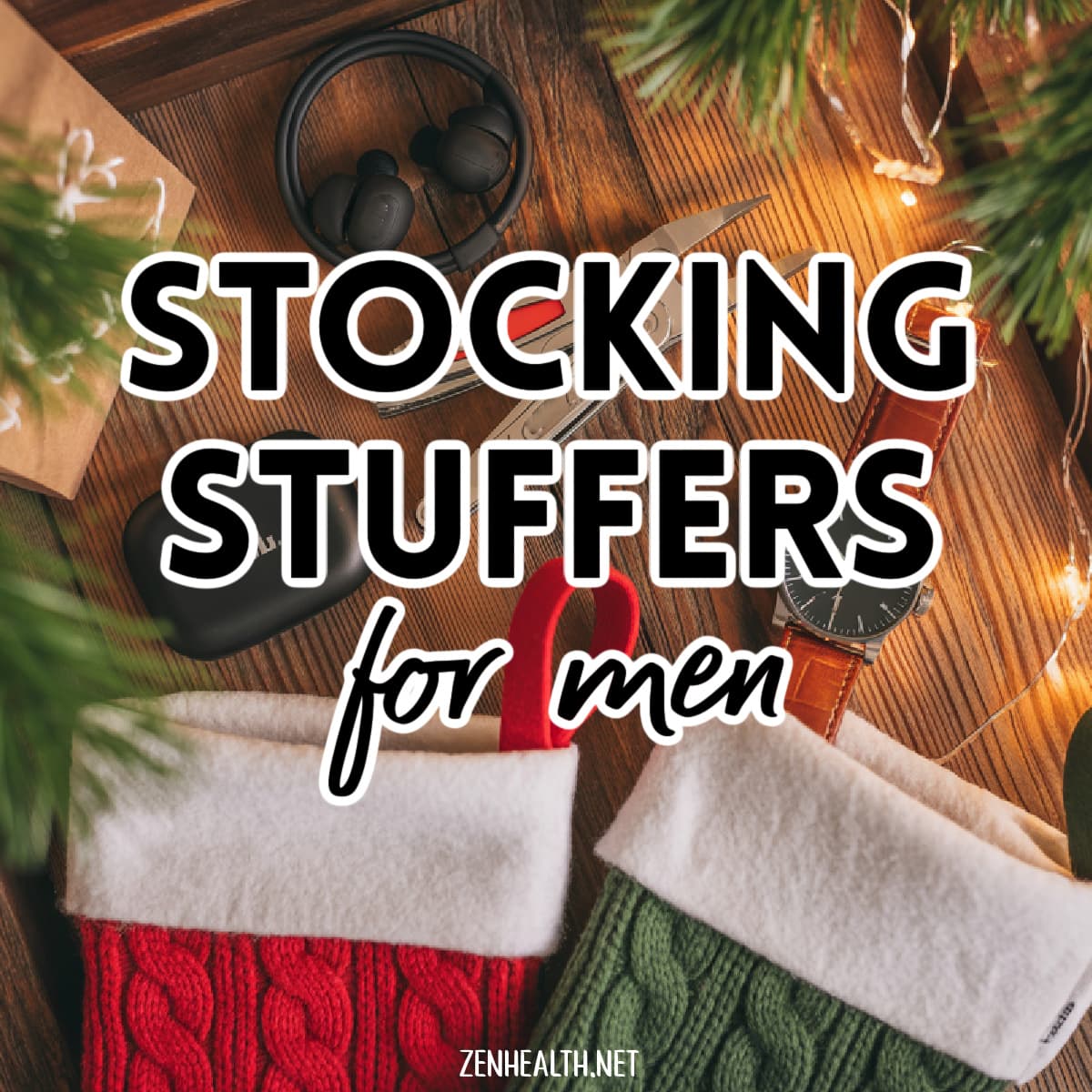 stocking stuffers for men text overlay on a photo of 2 stockings with jbl headphones, multi-tool, and watc