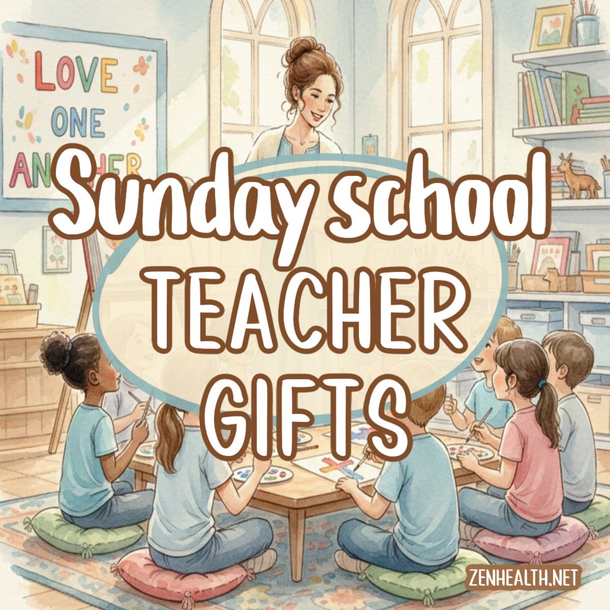 sunday school teacher gifts text overlay on a watercolor cartoon image of a sunday school classroom with teacher