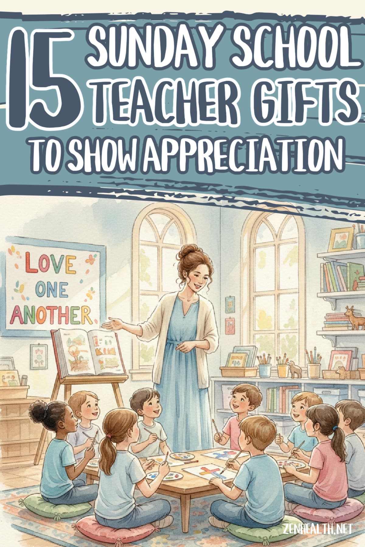 15 sunday school teacher gifts to show appreciation text overlay on a watercolor cartoon image of a sunday school classroom with teacher